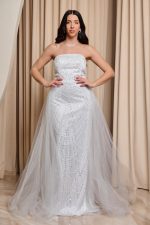 Φόρεμα maxi στράπλες με πέρλες και αποσπώμενη ουρά άσπρο