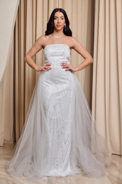 Φόρεμα maxi στράπλες με πέρλες και αποσπώμενη ουρά άσπρο