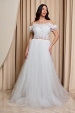 Φόρεμα maxi off shoulder με 3D λουλούδια και τούλι άσπρο