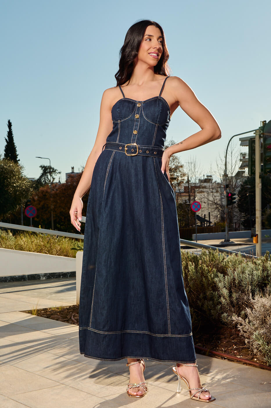 GA-2272 Φόρεμα maxi τζιν με ζώνη