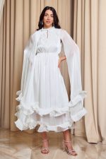 Φόρεμα midi σατινέ με βολάν και κάπα άσπρο - Image 2