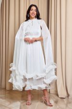 Φόρεμα midi σατινέ με βολάν και κάπα άσπρο