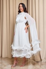 Φόρεμα midi σατινέ με βολάν και κάπα άσπρο - Image 3