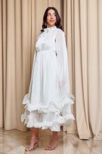 Φόρεμα midi σατινέ με βολάν και κάπα άσπρο - Image 4