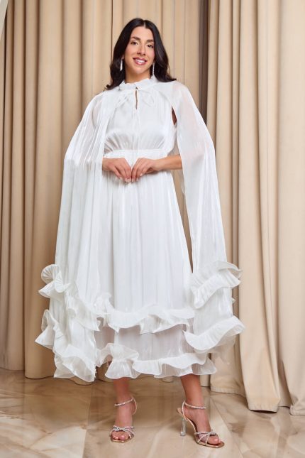 Φόρεμα midi σατινέ με βολάν και κάπα άσπρο