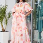 Φόρεμα maxi floral με balloon μανίκια και στρας μπεζ