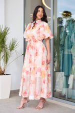 Φόρεμα maxi floral με balloon μανίκια και στρας μπεζ - Image 4