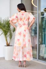 Φόρεμα maxi floral με balloon μανίκια και στρας μπεζ - Image 5