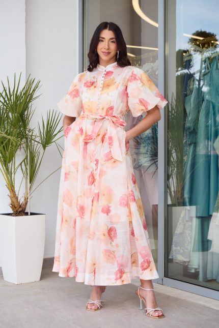 Φόρεμα maxi floral με balloon μανίκια και στρας μπεζ