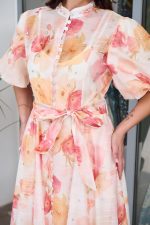 Φόρεμα maxi floral με balloon μανίκια και στρας μπεζ - Image 6