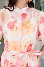 Φόρεμα maxi floral με balloon μανίκια και στρας μπεζ - Image 7