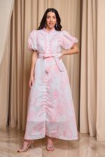 Φόρεμα maxi με ροζ λαχούρ print και στρας άσπρο - Image 2