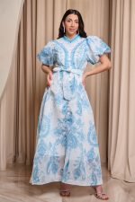 Φόρεμα maxi με γαλάζιο λαχούρ print και στρας άσπρο - Image 2