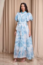 Φόρεμα maxi με γαλάζιο λαχούρ print και στρας άσπρο - Image 3
