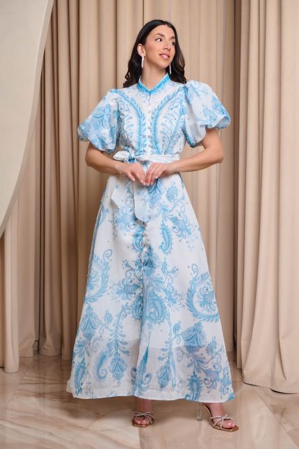 Φόρεμα maxi με γαλάζιο λαχούρ print και στρας άσπρο