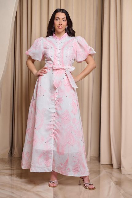 Φόρεμα maxi με ροζ λαχούρ print και στρας άσπρο