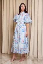 Φόρεμα midi floral με τρισδιάστατα φύλλα άσπρο - Image 4