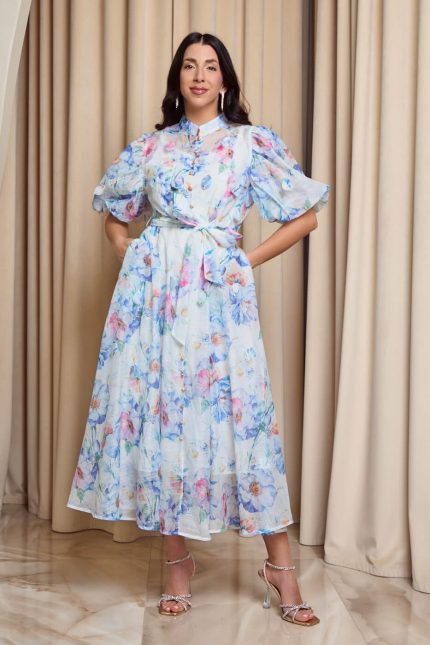 Φόρεμα midi floral με τρισδιάστατα φύλλα άσπρο