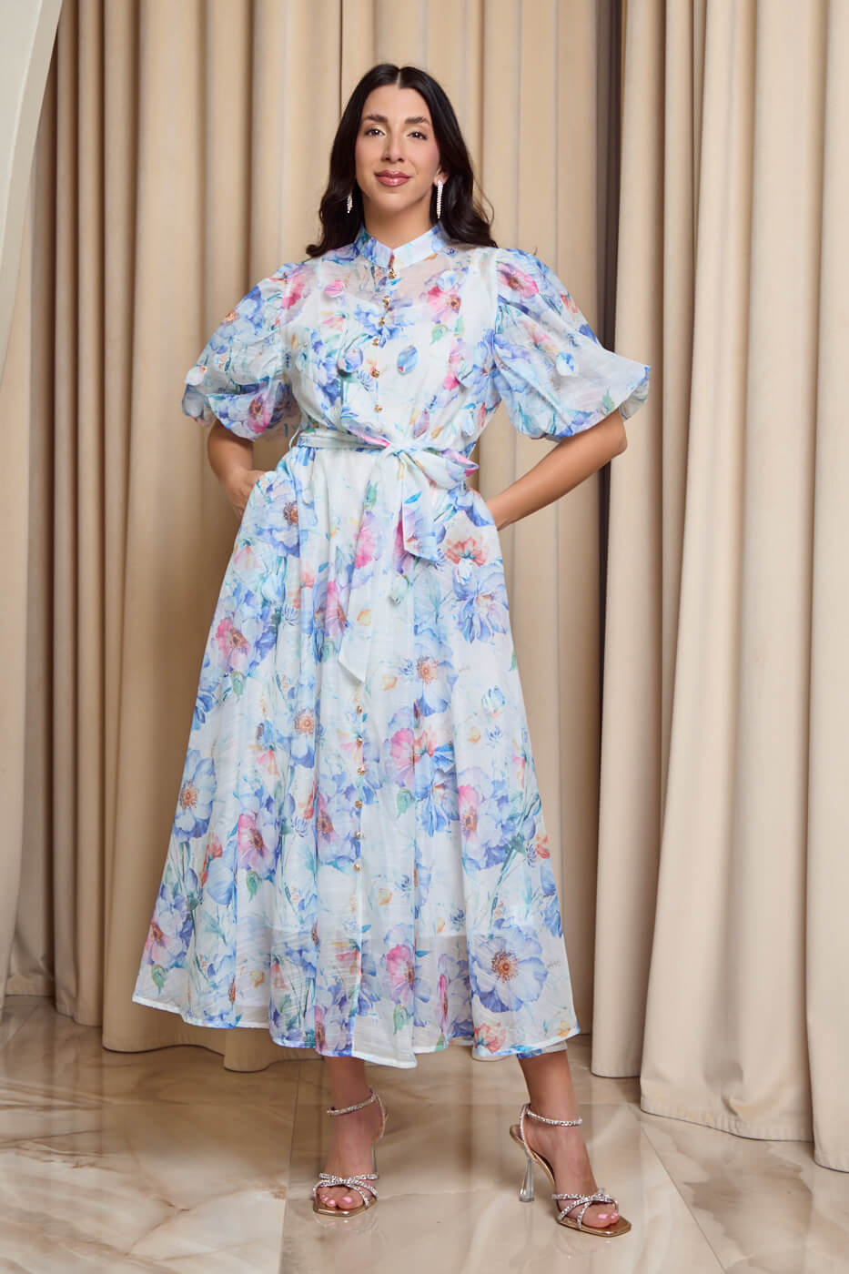 GA-2277 Φόρεμα midi floral με τρισδιάστατα φύλλα άσπρο