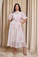 Φόρεμα midi floral με 3D λεπτομέρειες και balloon μανίκια εκρού - Image 2