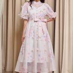 Φόρεμα midi floral με 3D λεπτομέρειες και balloon μανίκια εκρού