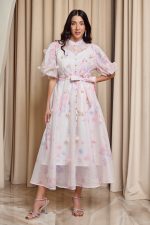 Φόρεμα midi floral με 3D λεπτομέρειες και balloon μανίκια εκρού