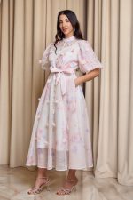 Φόρεμα midi floral με 3D λεπτομέρειες και balloon μανίκια εκρού - Image 3