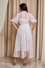 Φόρεμα midi floral με 3D λεπτομέρειες και balloon μανίκια εκρού - Image 5