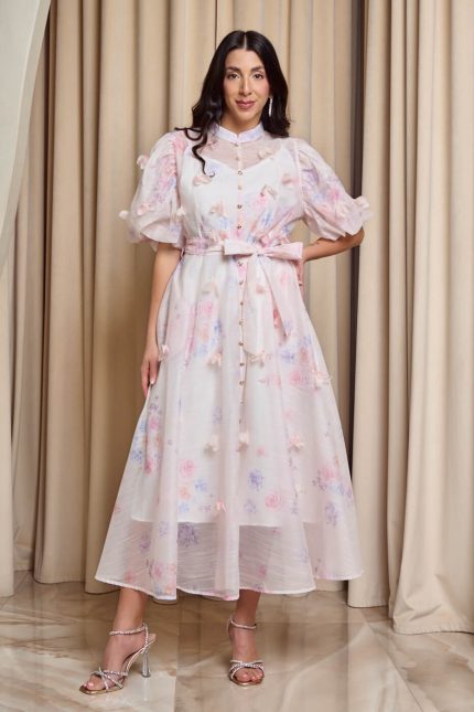 Φόρεμα midi floral με 3D λεπτομέρειες και balloon μανίκια εκρού