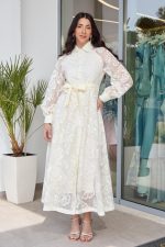 Φόρεμα midi με floral κεντήματα μπεζ - Image 2