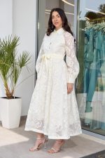 Φόρεμα midi με floral κεντήματα μπεζ - Image 3