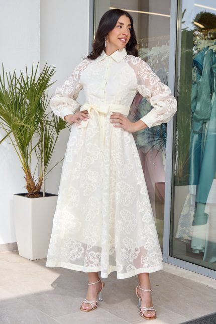 Φόρεμα maxi με floral κεντήματα μπεζ