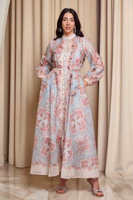 Φόρεμα maxi με λαχούρ floral μοτίβο και 3D λεπτομέρειες μέντα