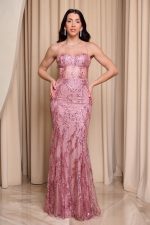 Φόρεμα maxi στράπλες γοργονέ με τρισδιάστατο γκλίτερ ροζ