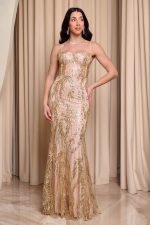 Φόρεμα maxi στράπλες γοργονέ με τρισδιάστατο γκλίτερ χρυσό