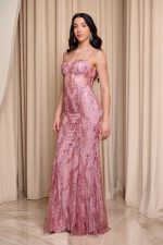 Φόρεμα maxi στράπλες γοργονέ με τρισδιάστατο γκλίτερ ροζ - Image 3