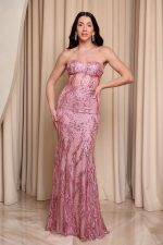 Φόρεμα maxi στράπλες γοργονέ με τρισδιάστατο γκλίτερ ροζ - Image 2