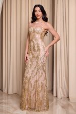 Φόρεμα maxi στράπλες γοργονέ με τρισδιάστατο γκλίτερ χρυσό - Image 3