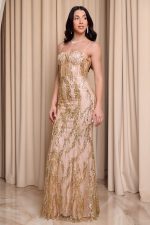 Φόρεμα maxi στράπλες γοργονέ με τρισδιάστατο γκλίτερ χρυσό - Image 4