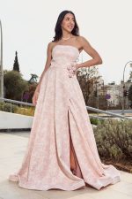 Φόρεμα maxi στράπλες μπροκάρ με ανάγλυφο μοτίβο απαλό ροζ