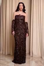 Φόρεμα maxi με παγιέτες και αποσπώμενα μανίκια καφέ