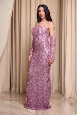 Φόρεμα maxi με παγιέτες και αποσπώμενα μανίκια dusty pink - Image 3