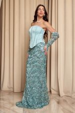 Φόρεμα maxi με παγιέτες και σατέν κορσέ μέντα - Image 4