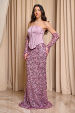 Φόρεμα maxi με παγιέτες και σατέν κορσέ dusty pink - Image 3