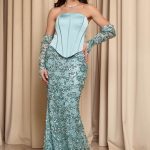 Φόρεμα maxi με παγιέτες και σατέν κορσέ μέντα