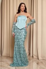 Φόρεμα maxi με παγιέτες και σατέν κορσέ μέντα