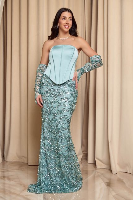 Φόρεμα maxi με παγιέτες και σατέν κορσέ μέντα