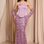 Φόρεμα maxi με παγιέτες και σατέν κορσέ dusty pink