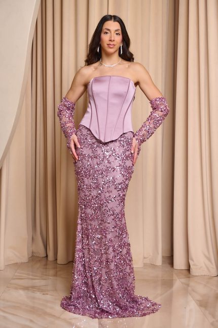 Φόρεμα maxi με παγιέτες και σατέν κορσέ dusty pink
