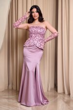 Φόρεμα maxi γοργονέ με παγιέτες στο μπούστο dusty pink